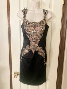 Mandalay Vintage Black Dress with Gold Silver Beaded Accents